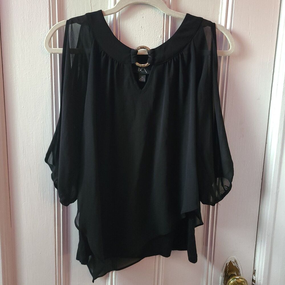 BCX Women's Black Chiffon Sheer V-Neck Ring Accent 3/4 Batwing Blouse XS